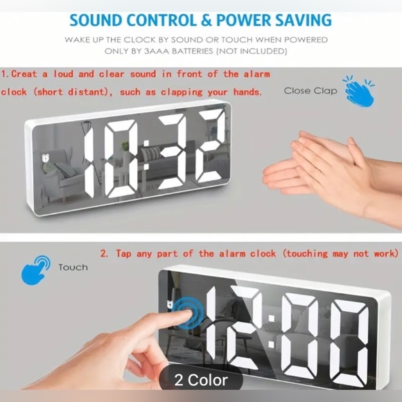 NIB thin mirrored/white digital clock/alarm with date/temp/dim features. - Picture 3 of 12